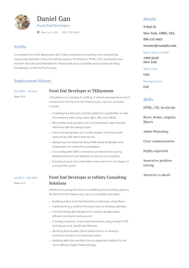 Front-End Developer Resume Sample with photo
