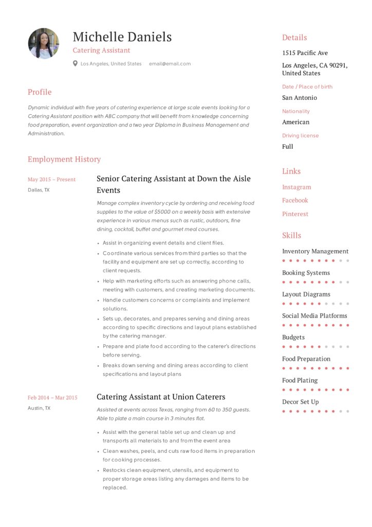 Catering Assistant Resume