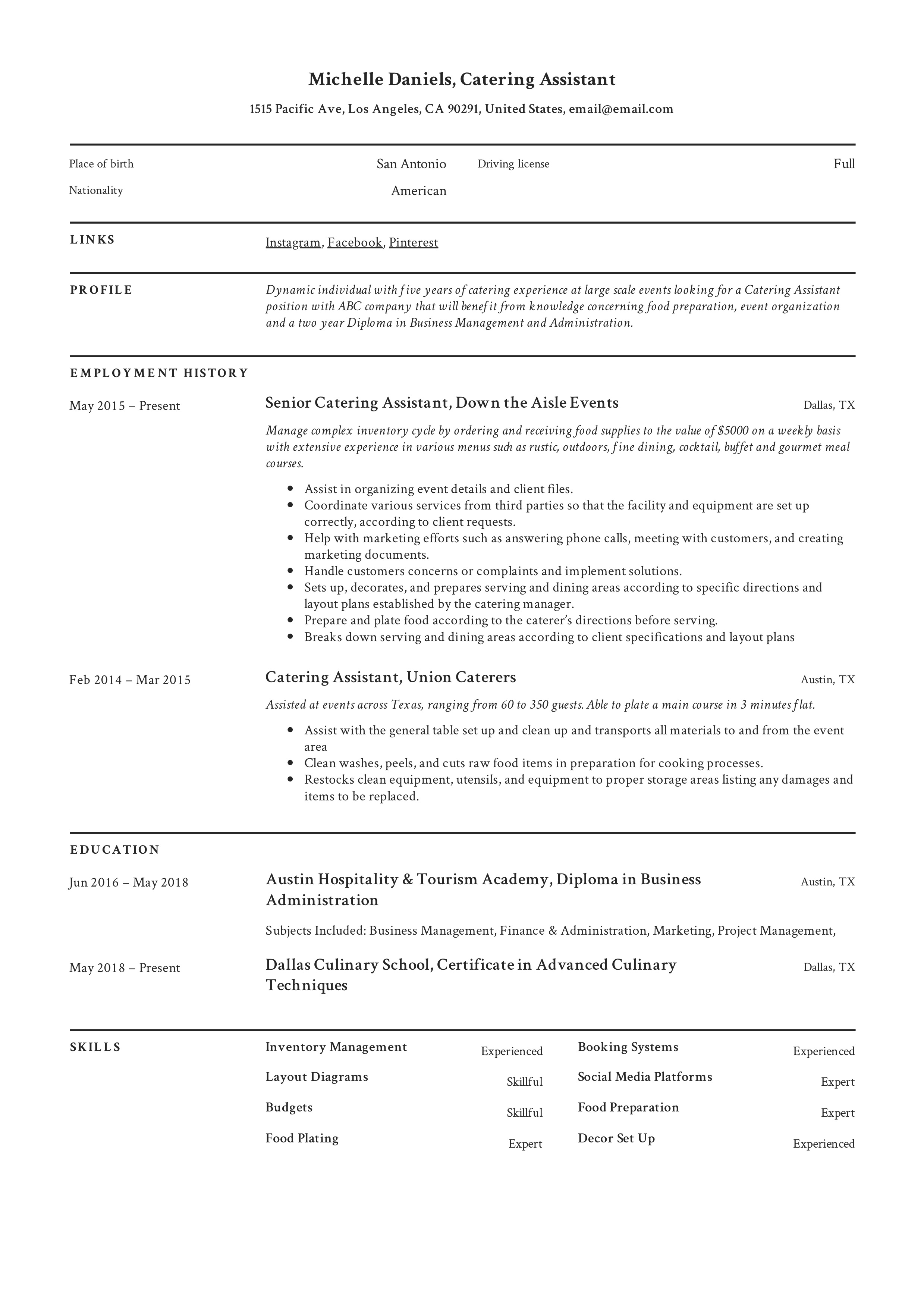 Catering Assistant Resume Sample