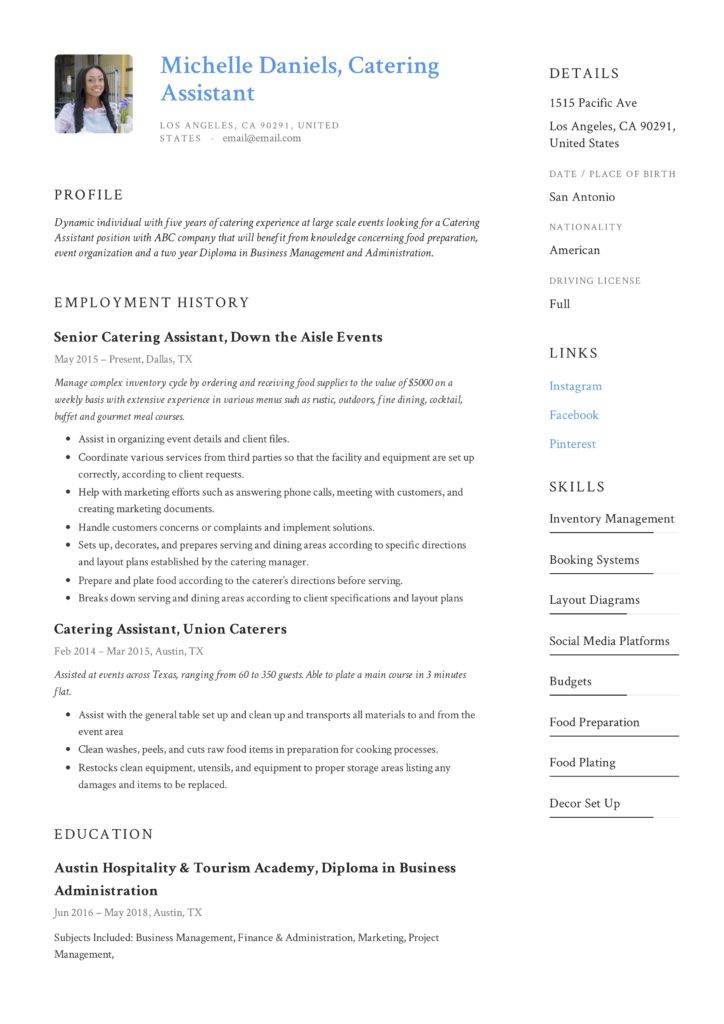 Catering Assistant Resume Template