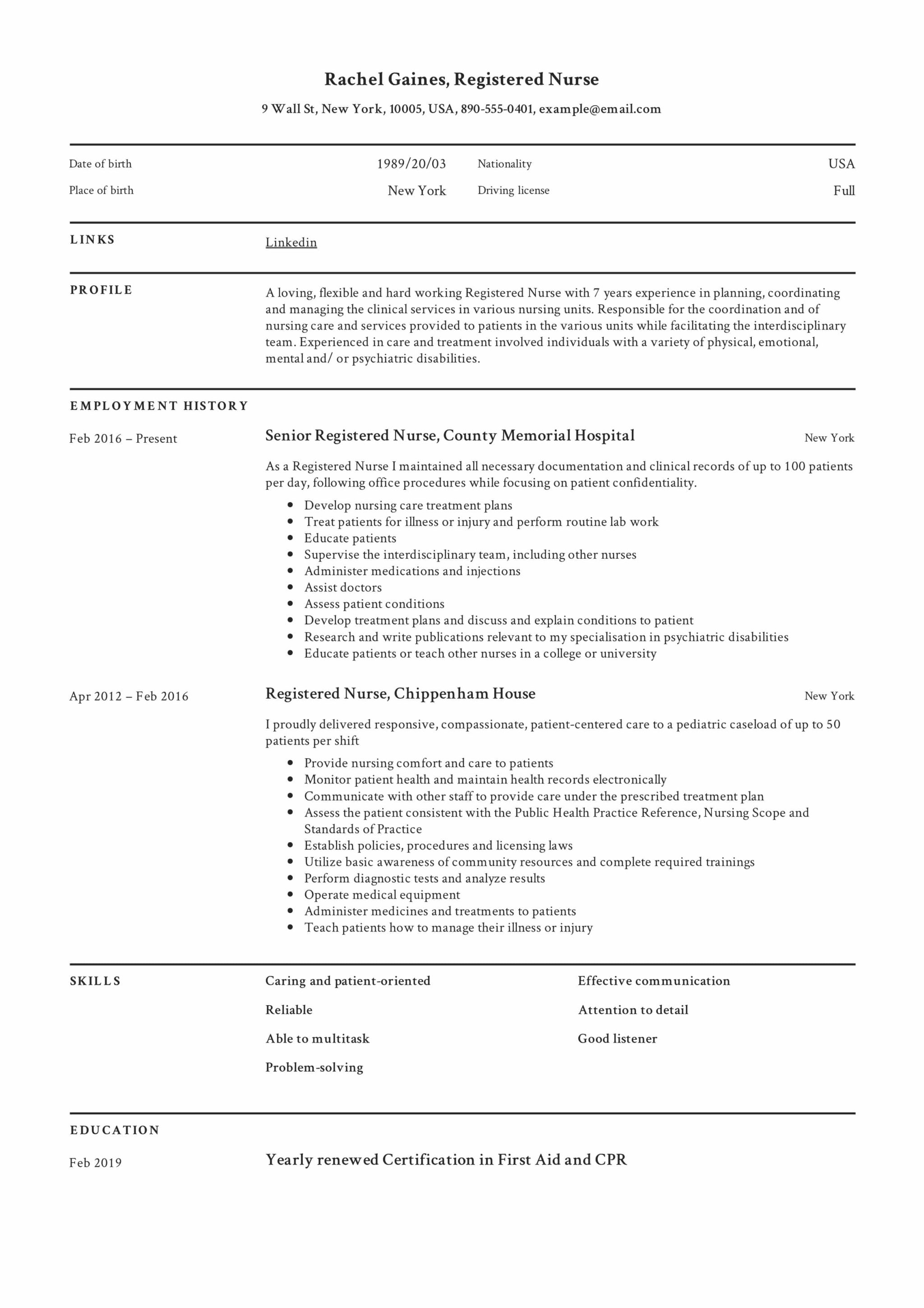 Registered Nurse Resume Example