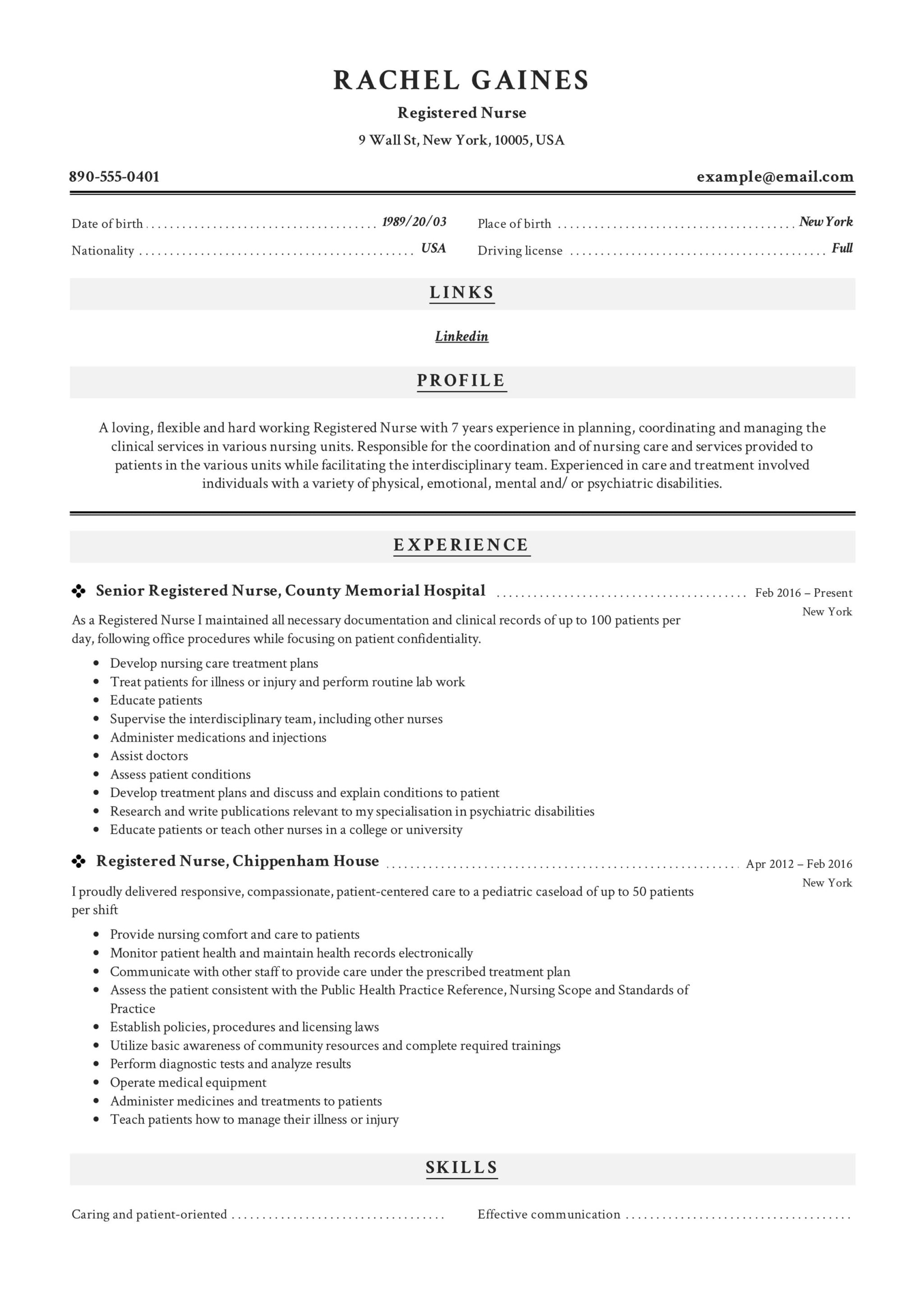 Registered Nurse Resume Example