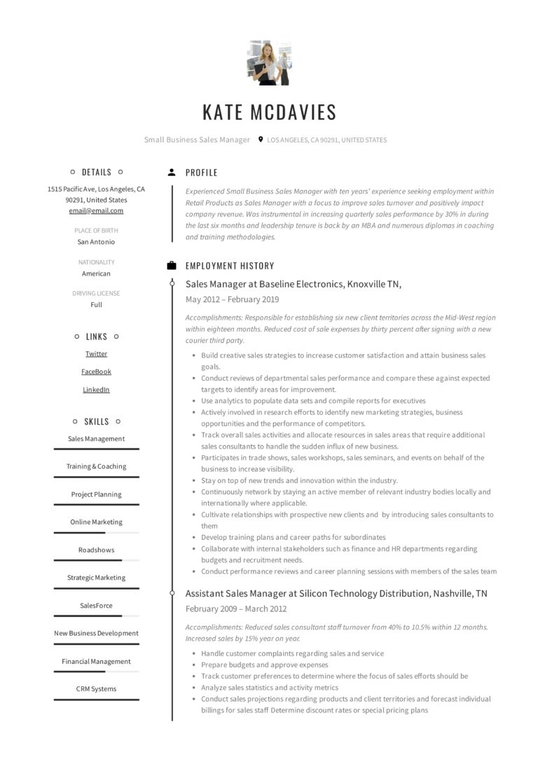 Small Business Sales Manager Resume Example 1