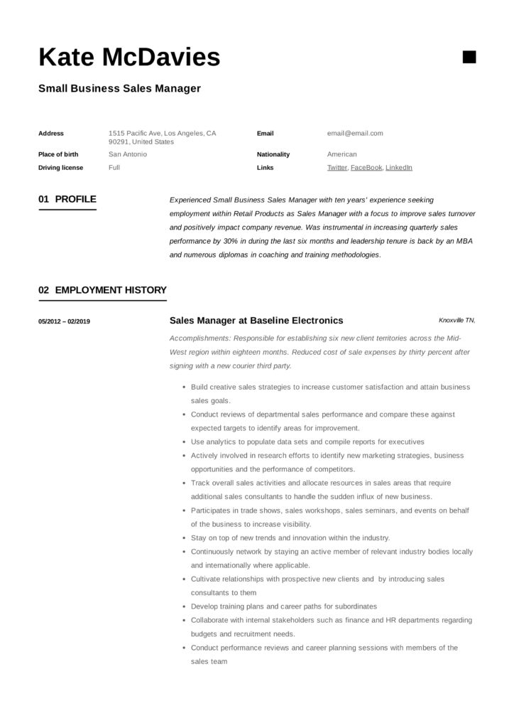 Small Business Sales Manager Resume Sample