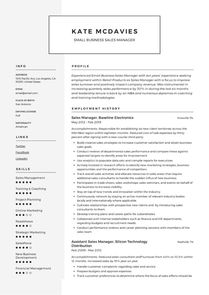 Small Business Sales Manager Resume Example