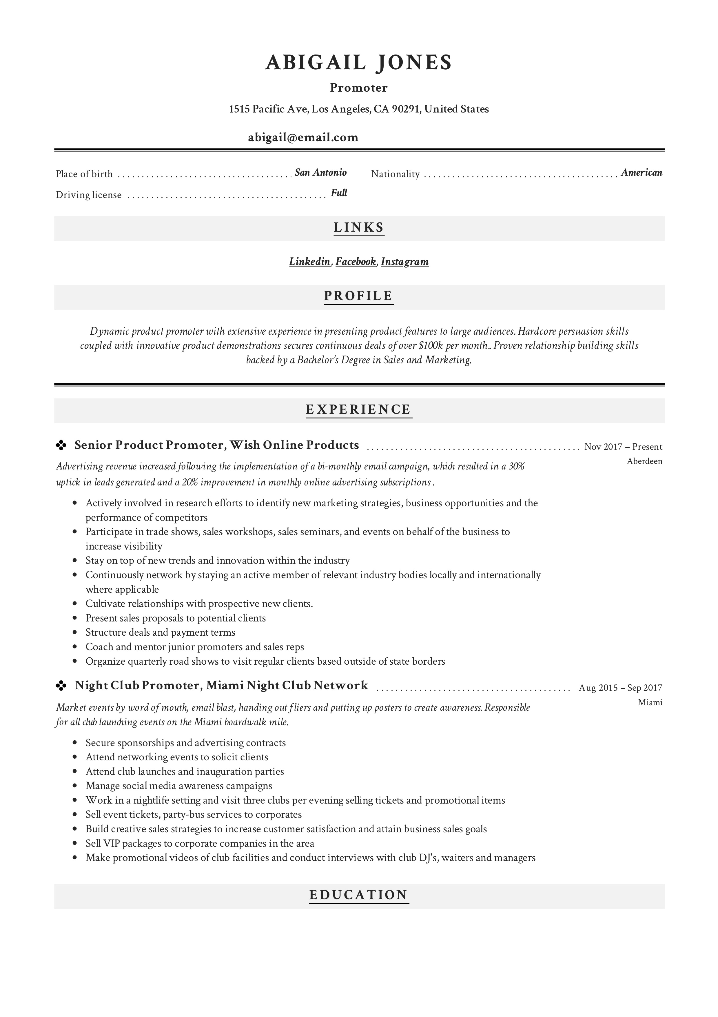 Promoter Resume Example