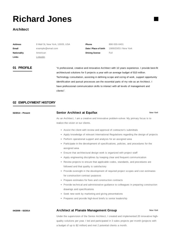 sample resume architect