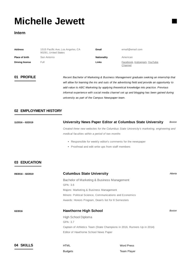 Intern Resume Example design 