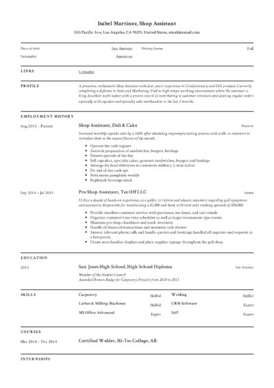 Classic Resume Example for Shop Assistants