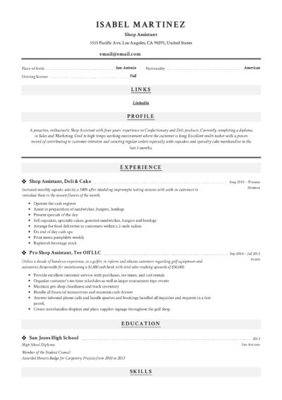 Modern and classic CV for Shop Assistants