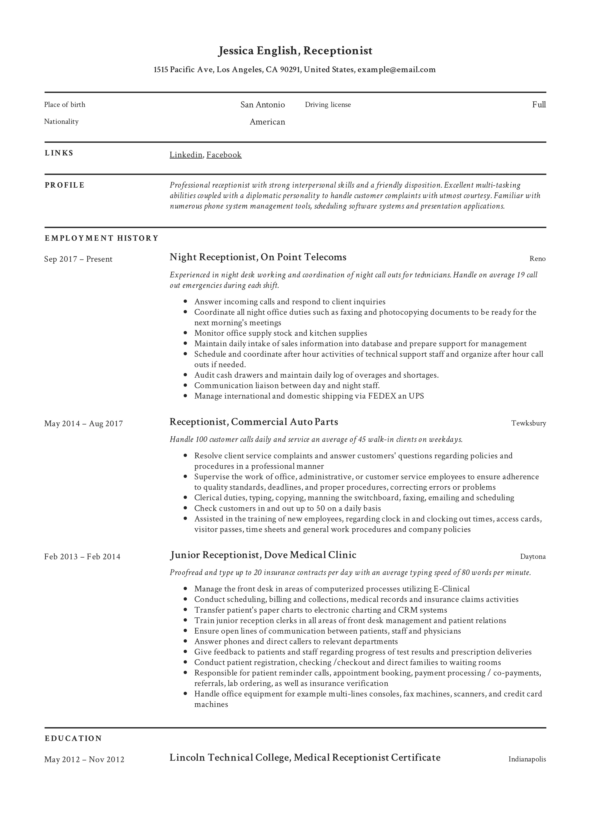 receptionist resume example  u0026 writing guide