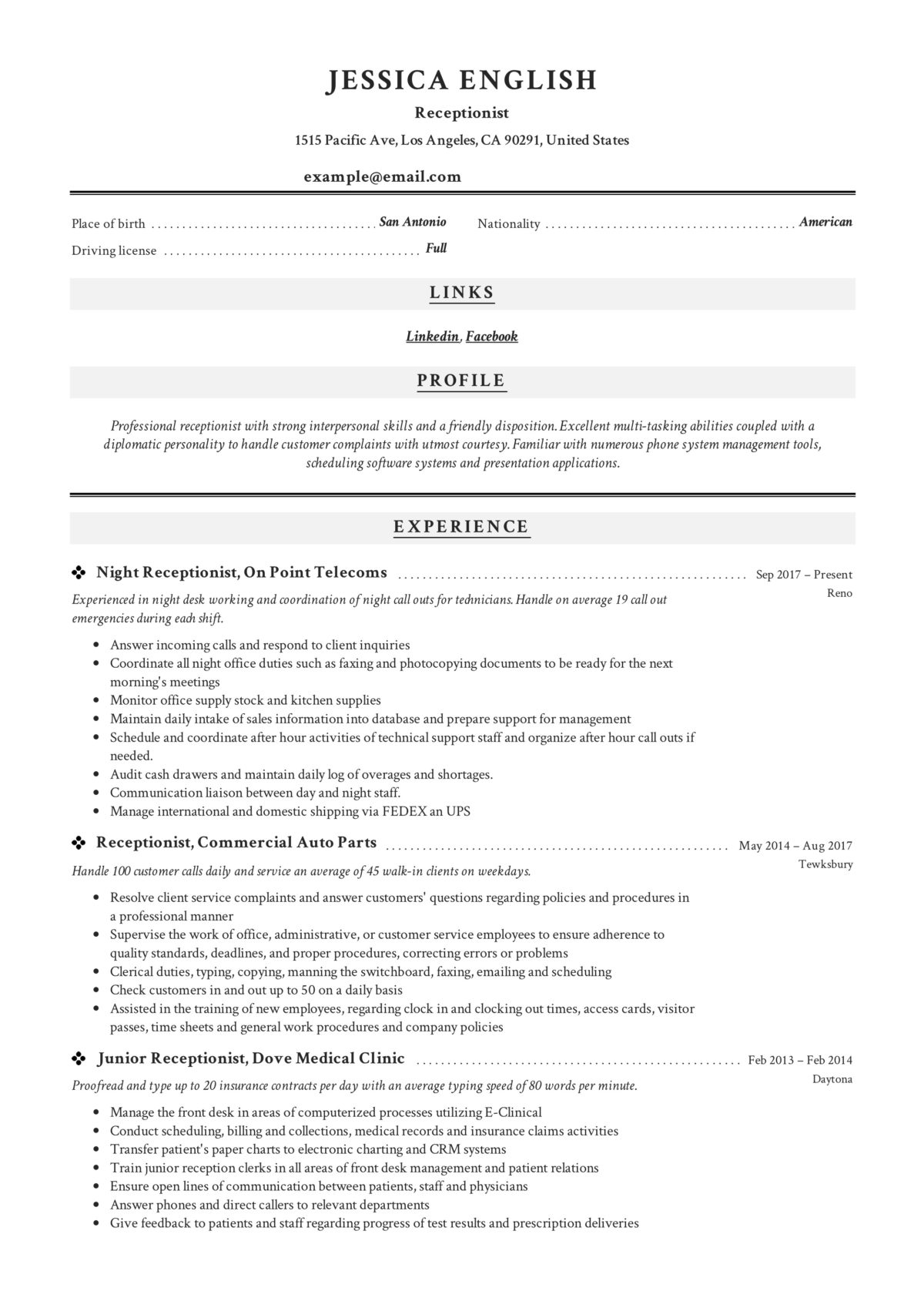 receptionist resume examples 2020