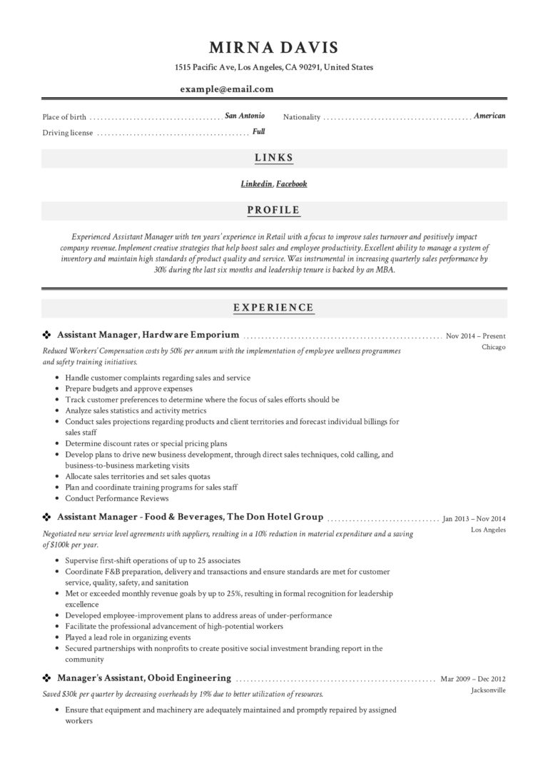 Classic Resume Assistant Manager