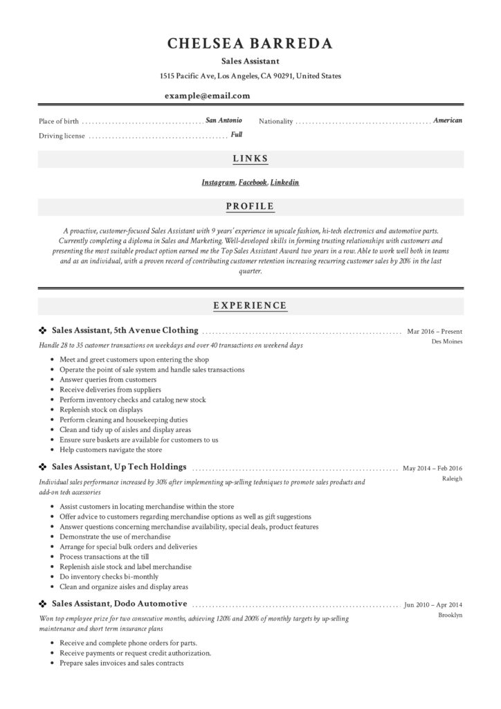 Sales Assistant Resume