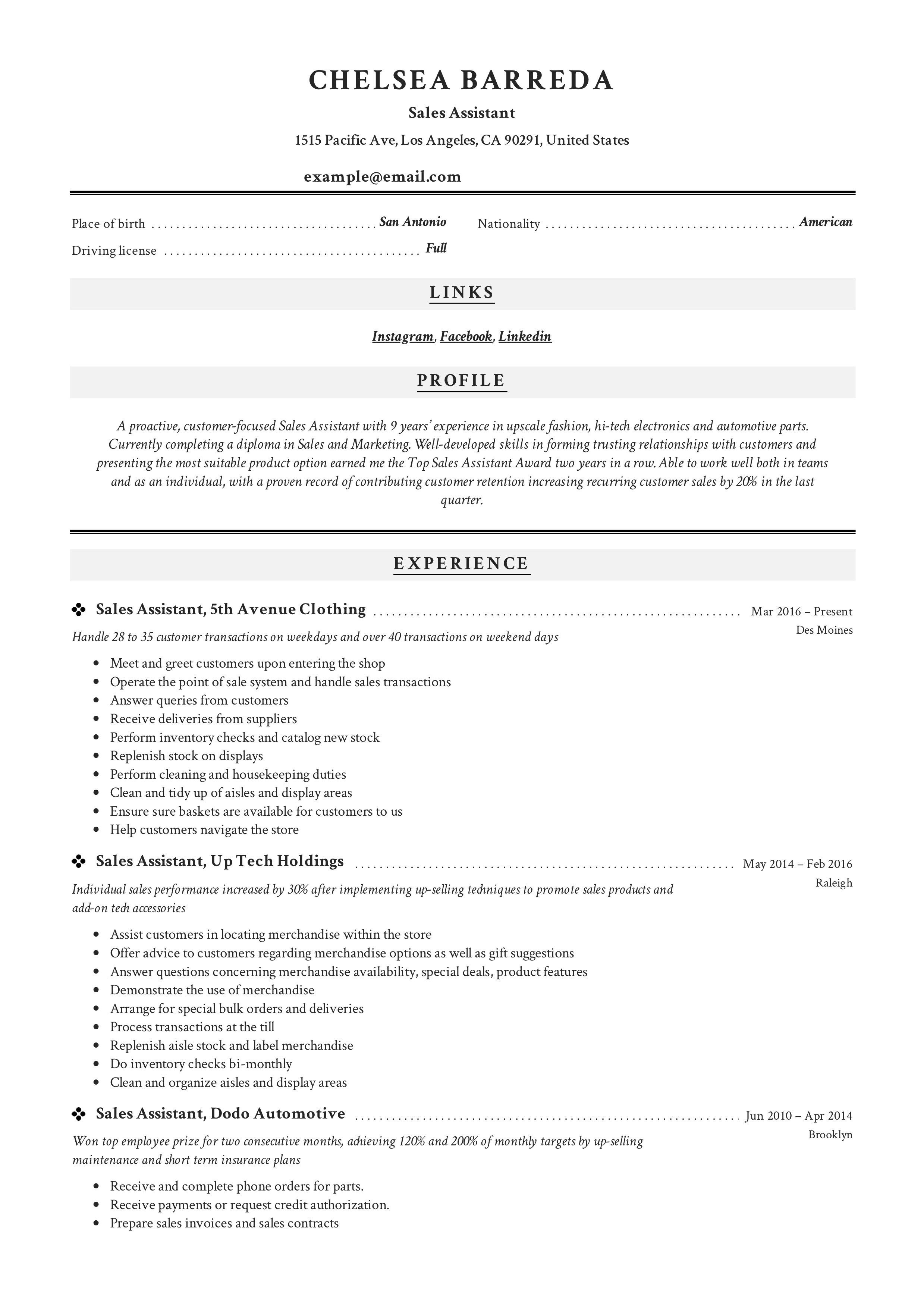 Sales Assistant Resume Example