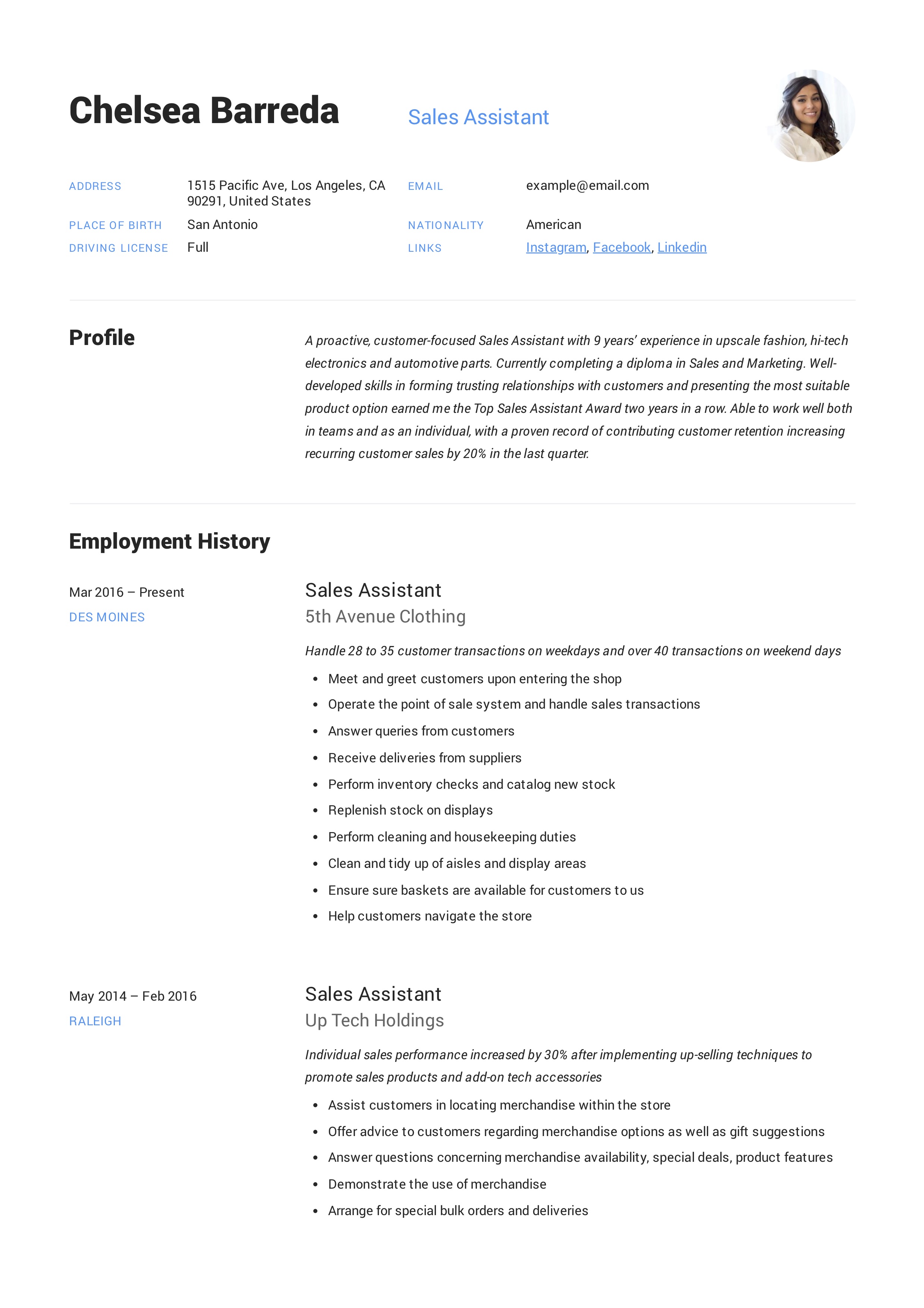 Sales Assistant Resume Example