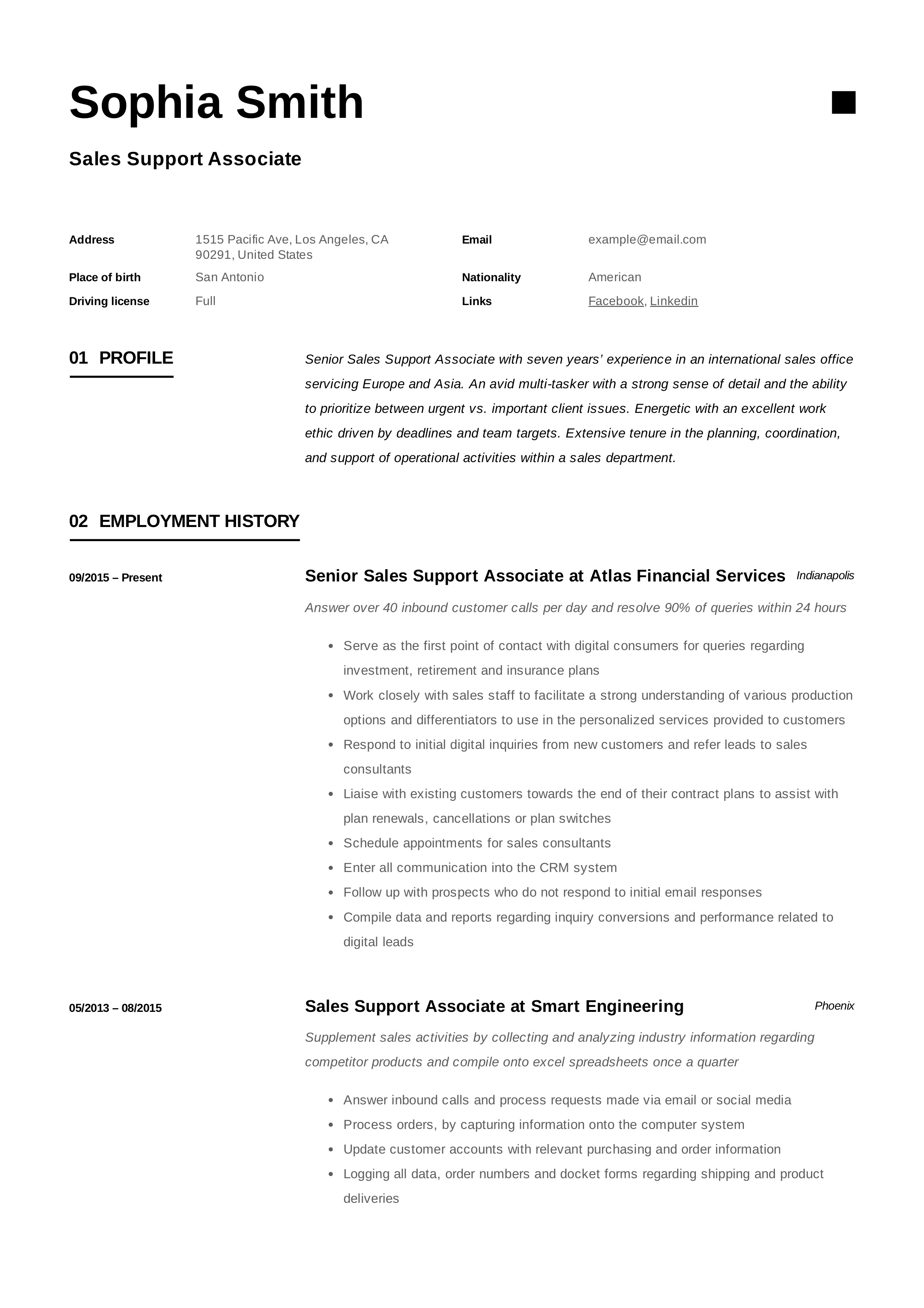 Sales Support Associate Resume Sample