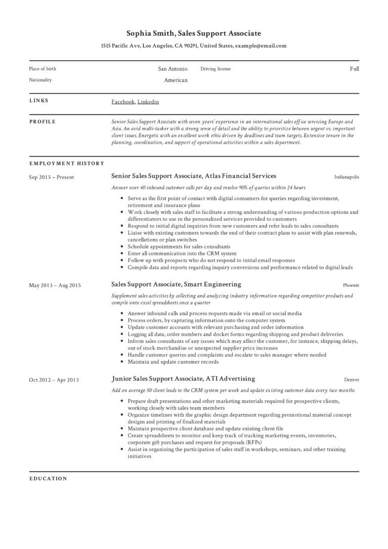 Sales SupportSales Support Associate Resume