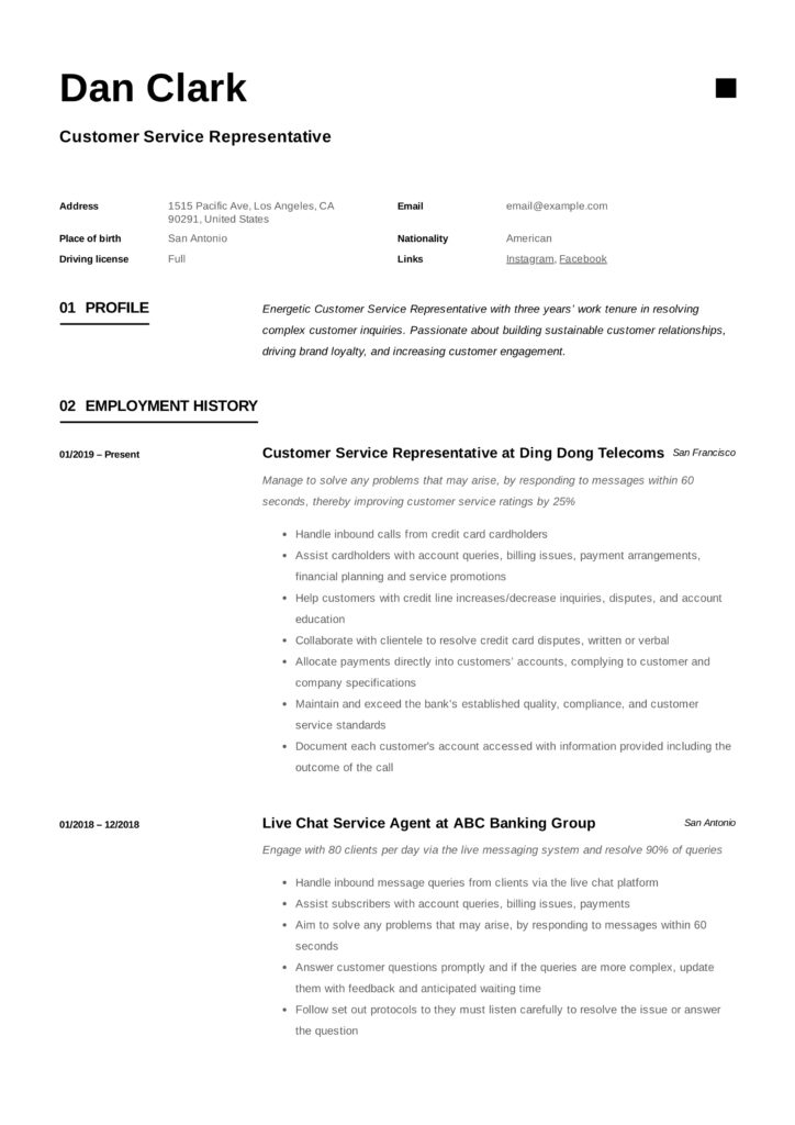 Customer Service Representative Sample Resume