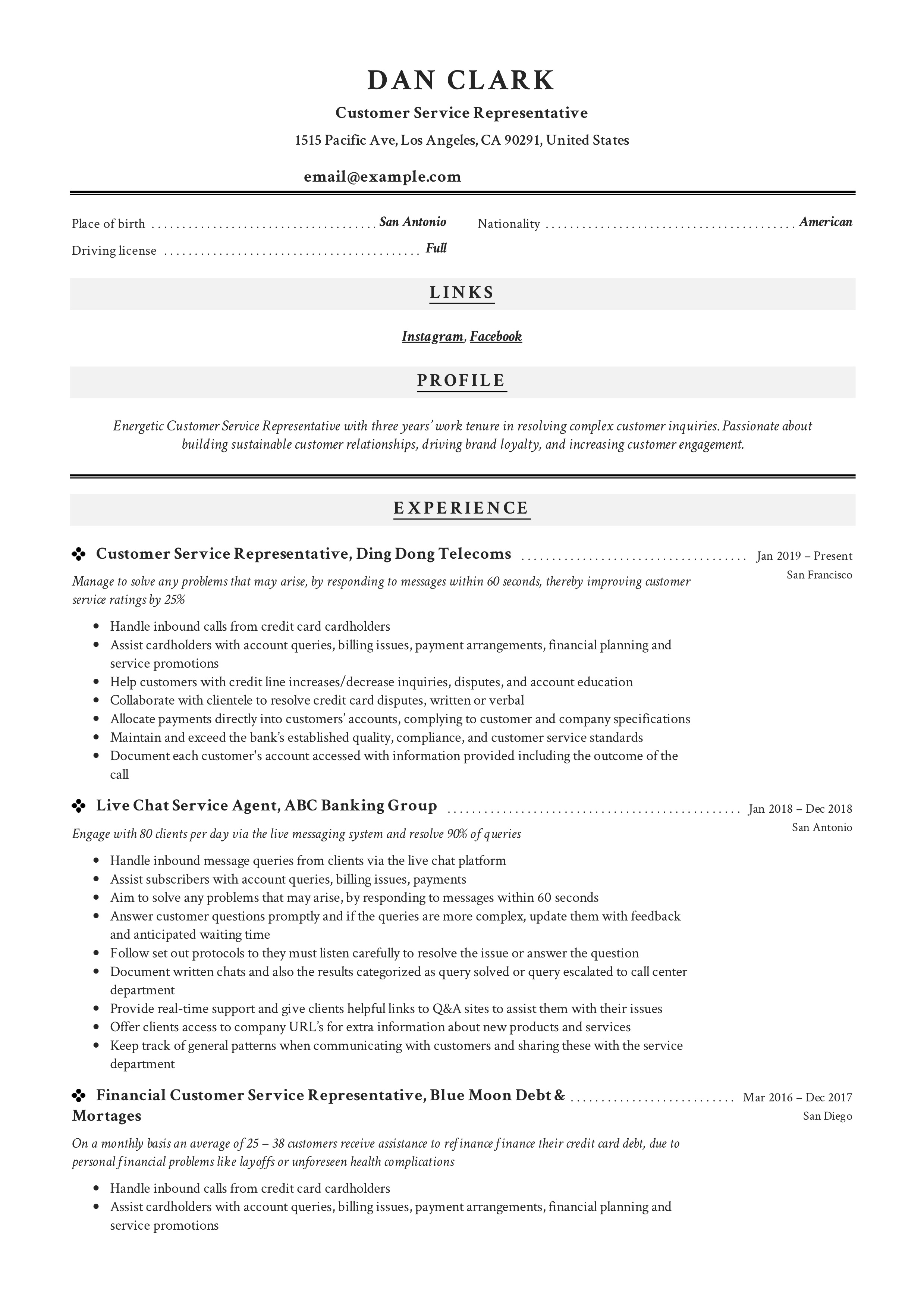 Customer Service Representative Example Resume