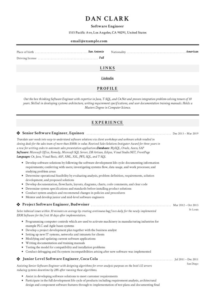 Junio Senior Software Engineer Sample Resume