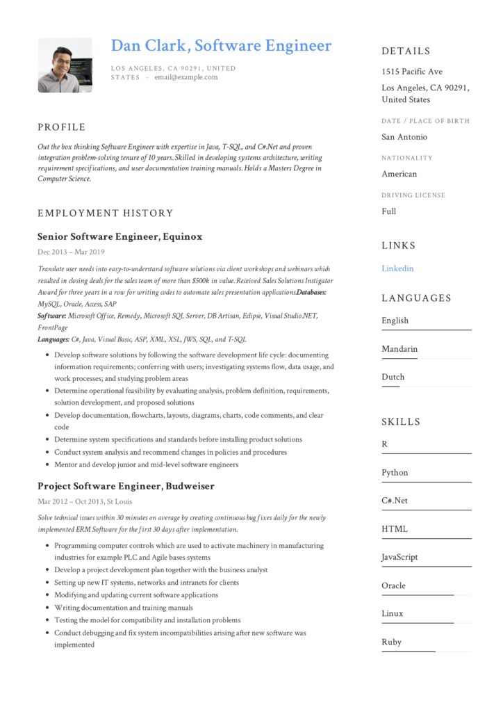 Senior Software Engineer Example Resume