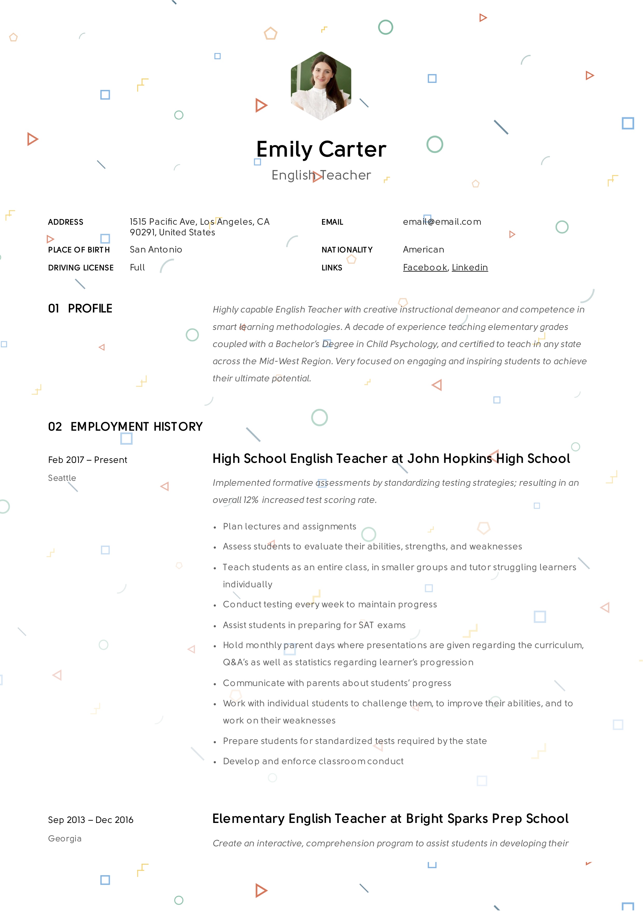 Very creative happy resume English teacher