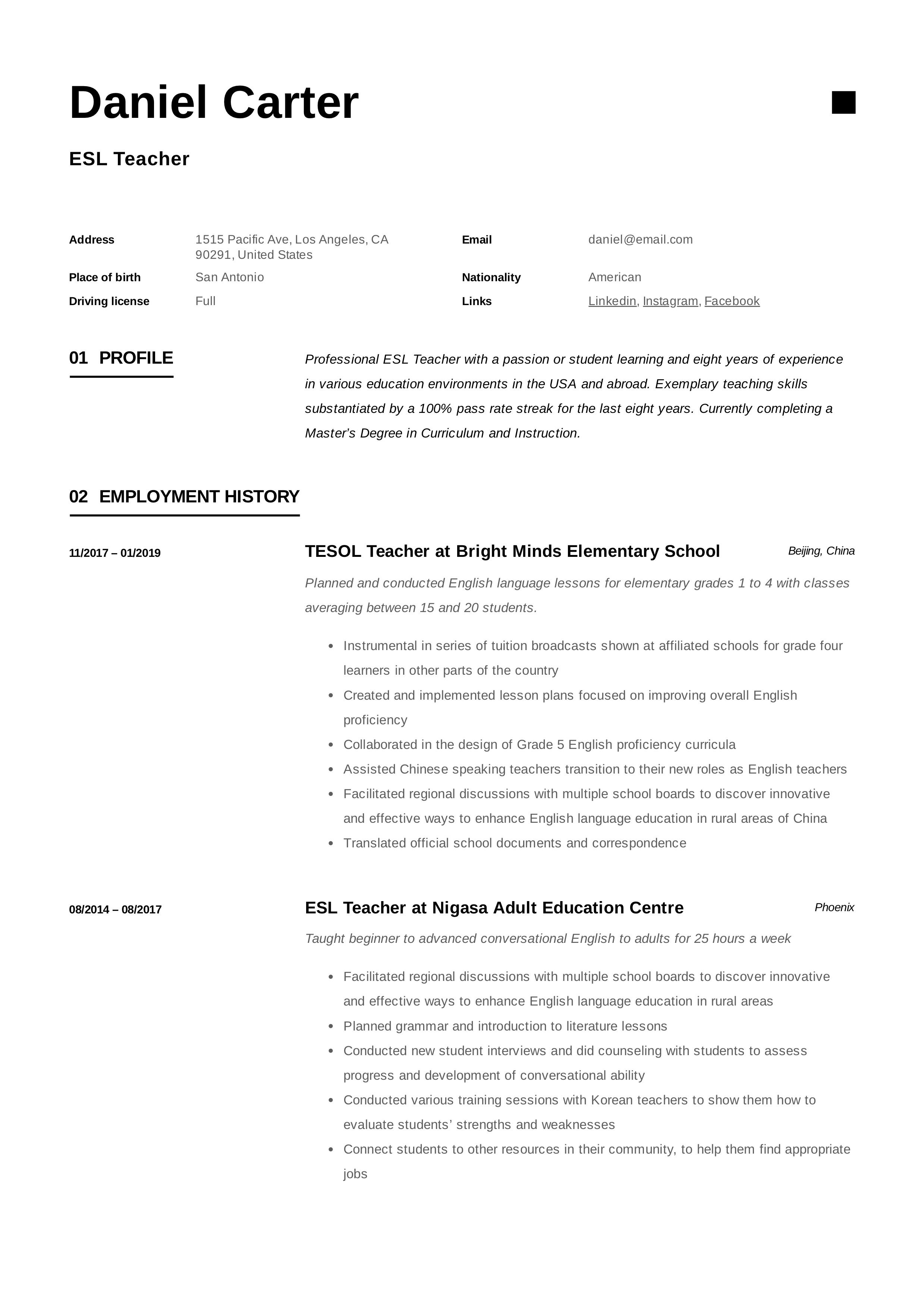 esl teacher resume sample  u0026 writing guide