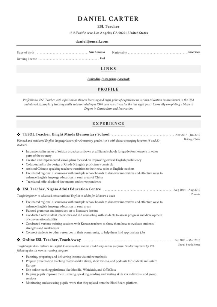 Resume Example for ESL Teachers