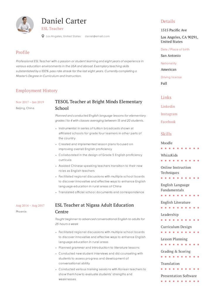 ESL Teacher CV sample