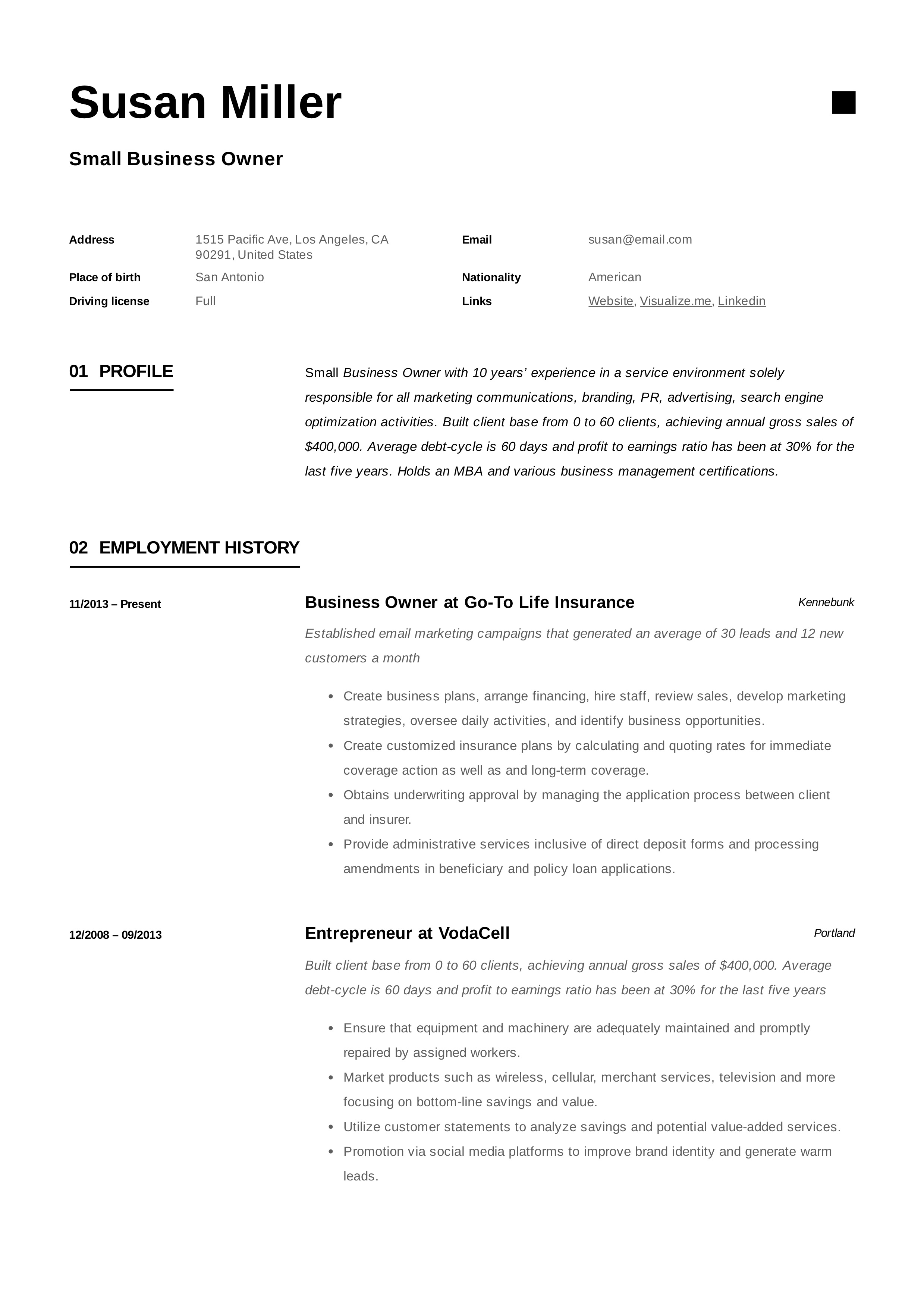 Small Business Owner Example Resume