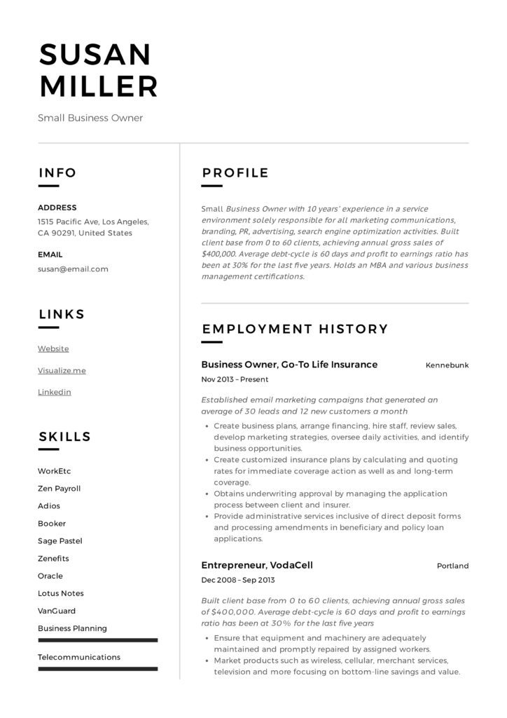 Small Business Owner Resume Example