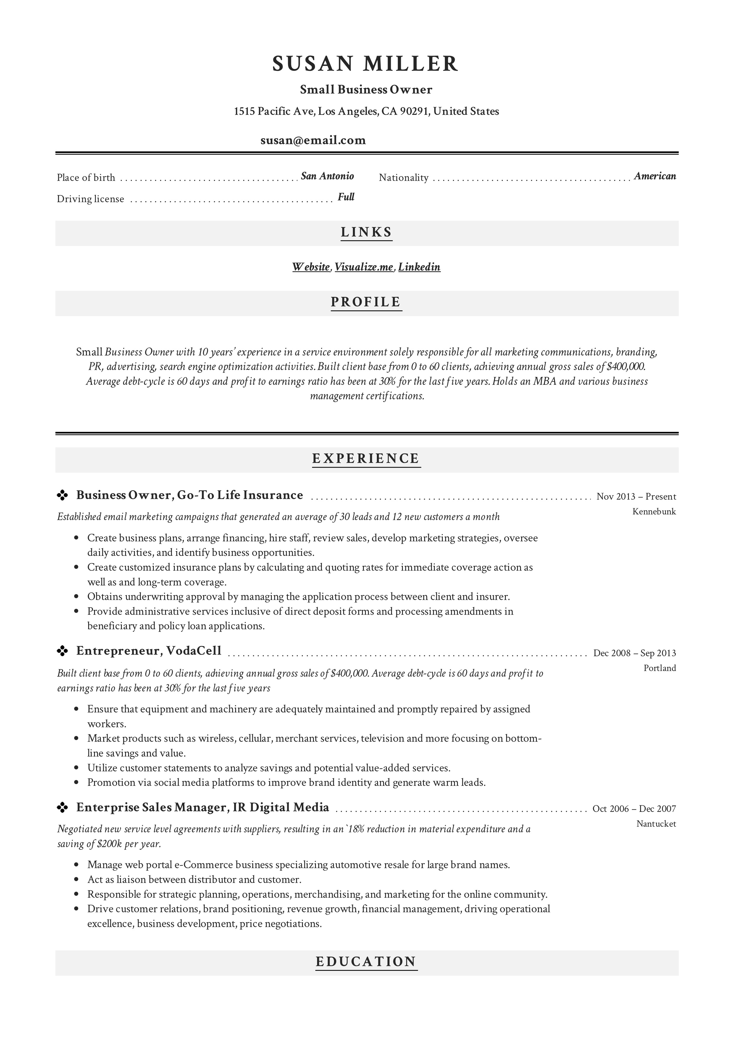Small Business Owner Sample Resume