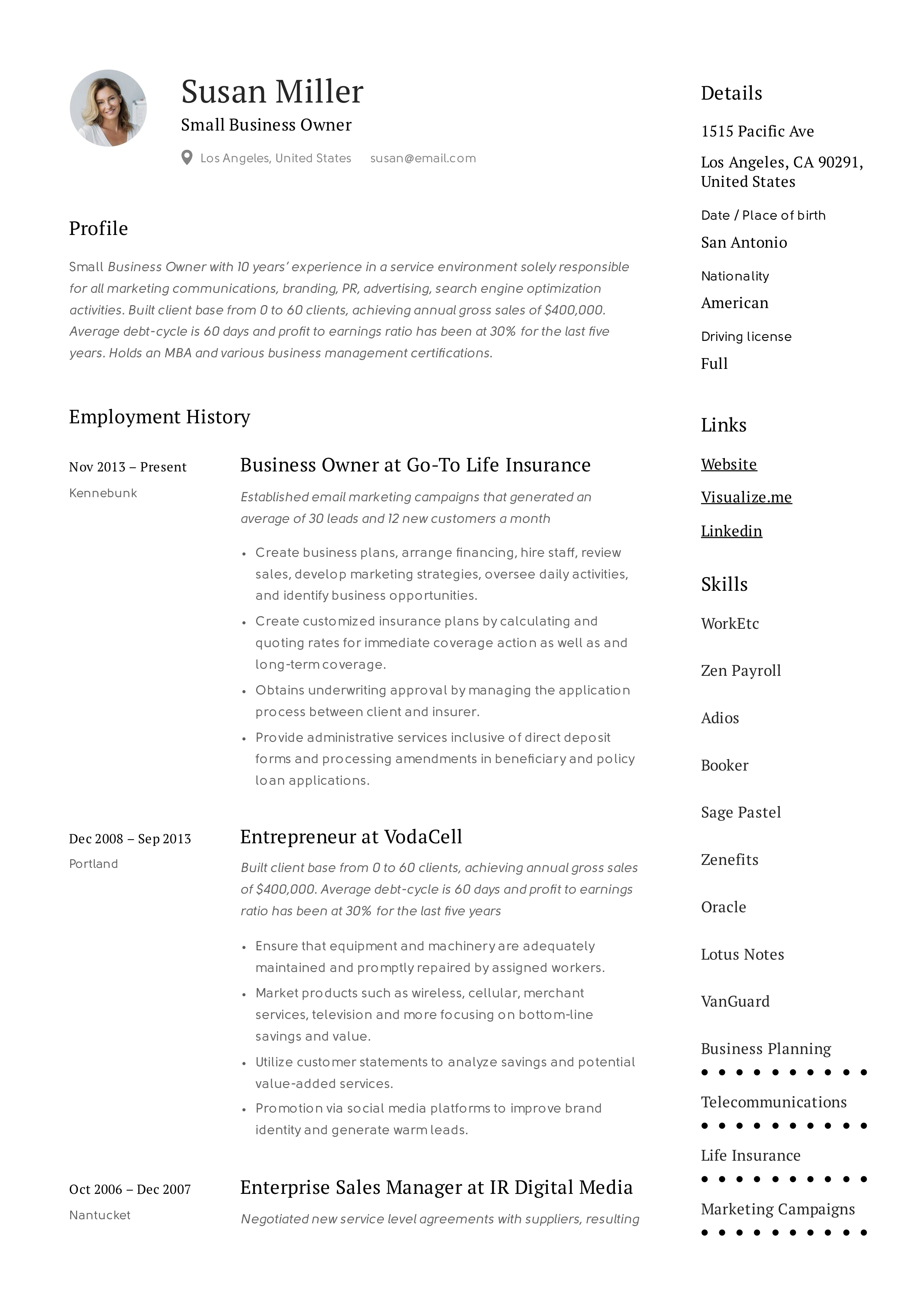 Creative Resume Small Business Owner