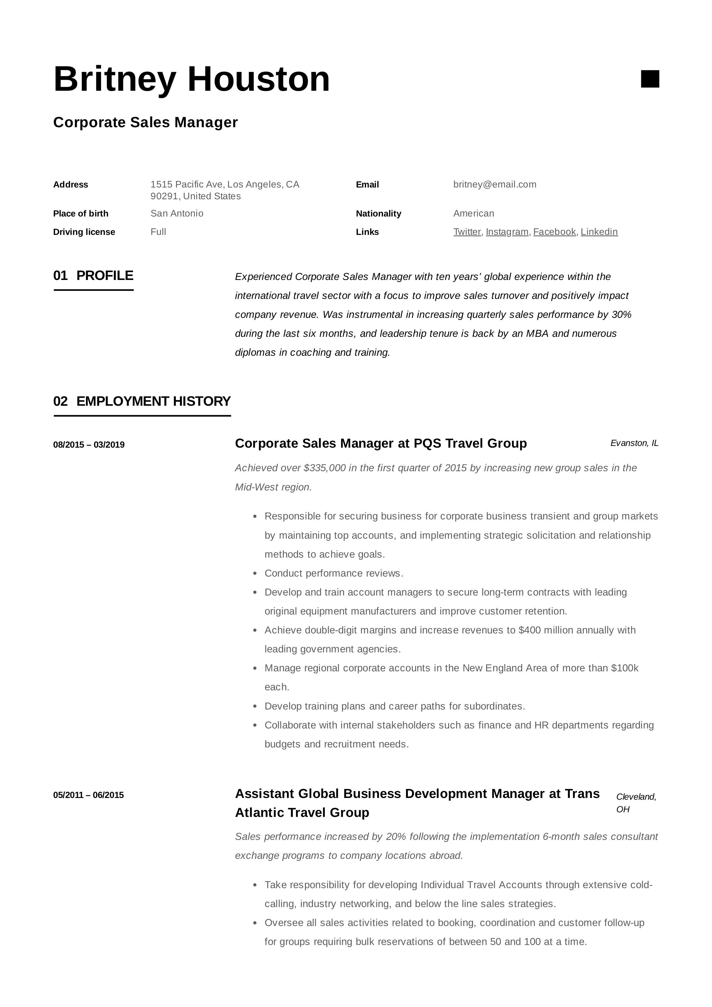 Corporate Sales Manager Resume