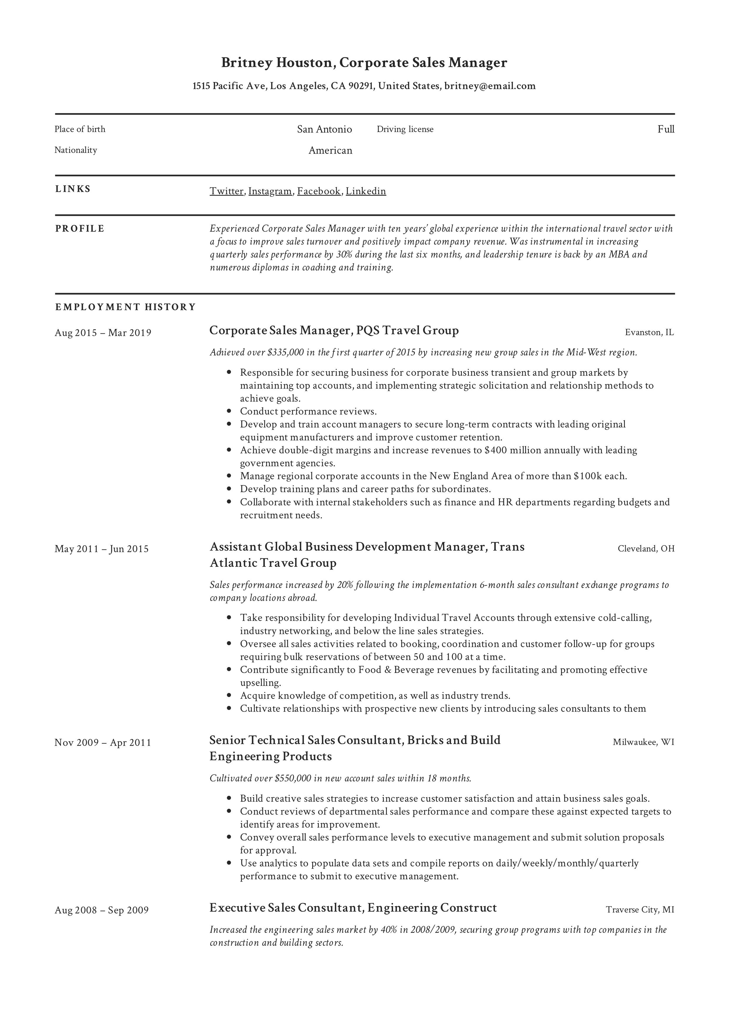 Corporate Sales Manager Professional Resume