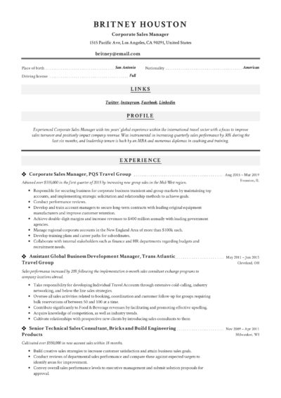 Corporate Sales Manager Resume Example