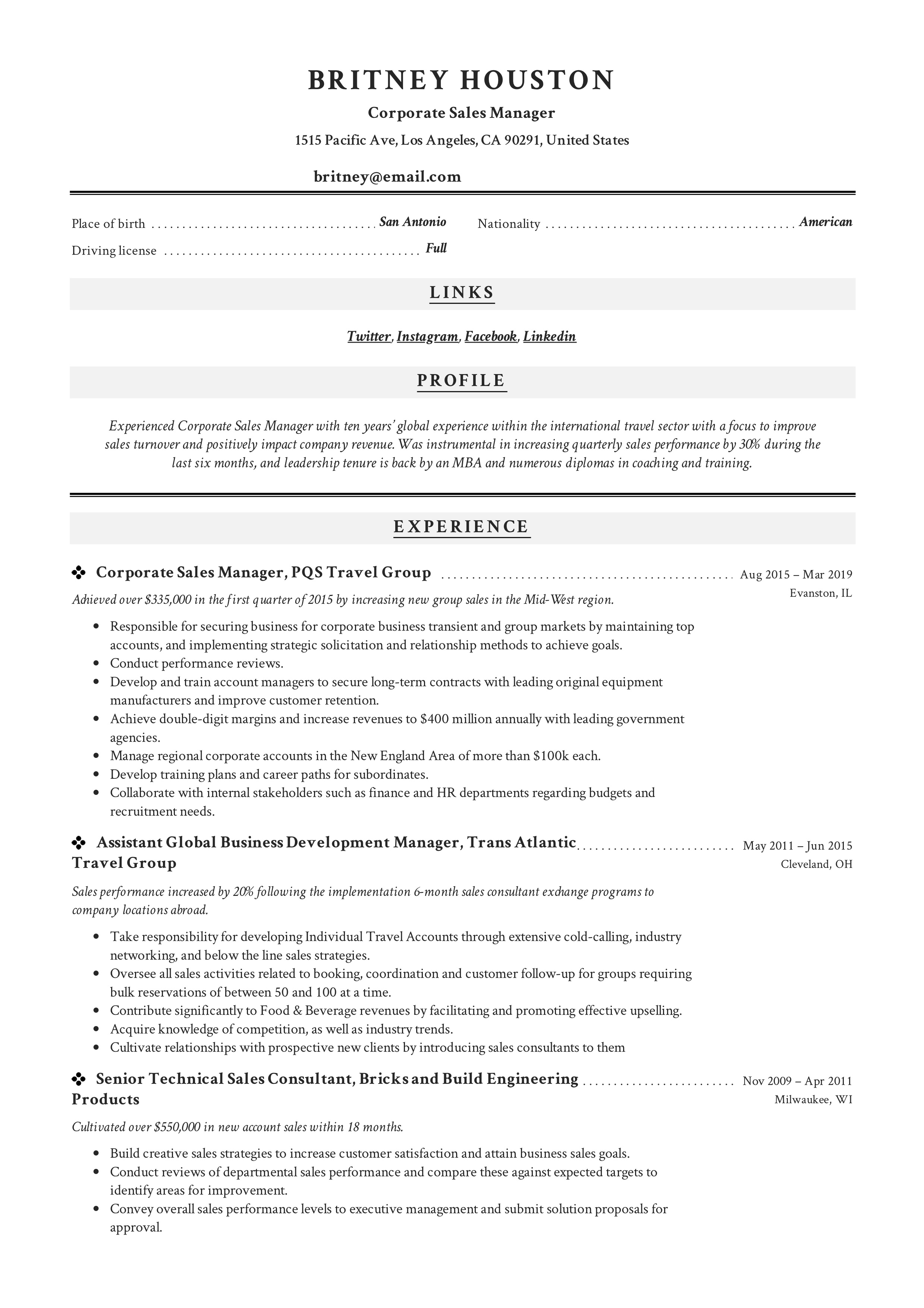 Corporate Sales Manager Professional Resume