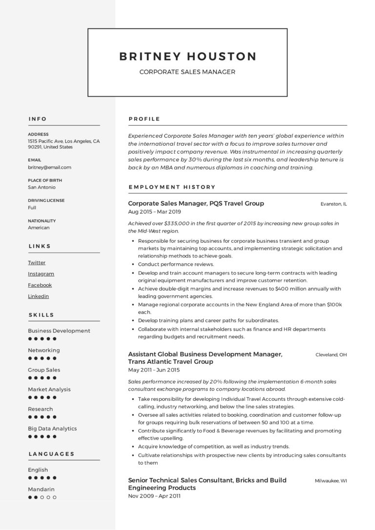Corporate Sales Manager Modern Resume