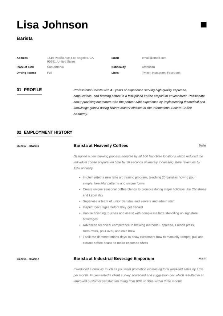 Barista Example Design Resume