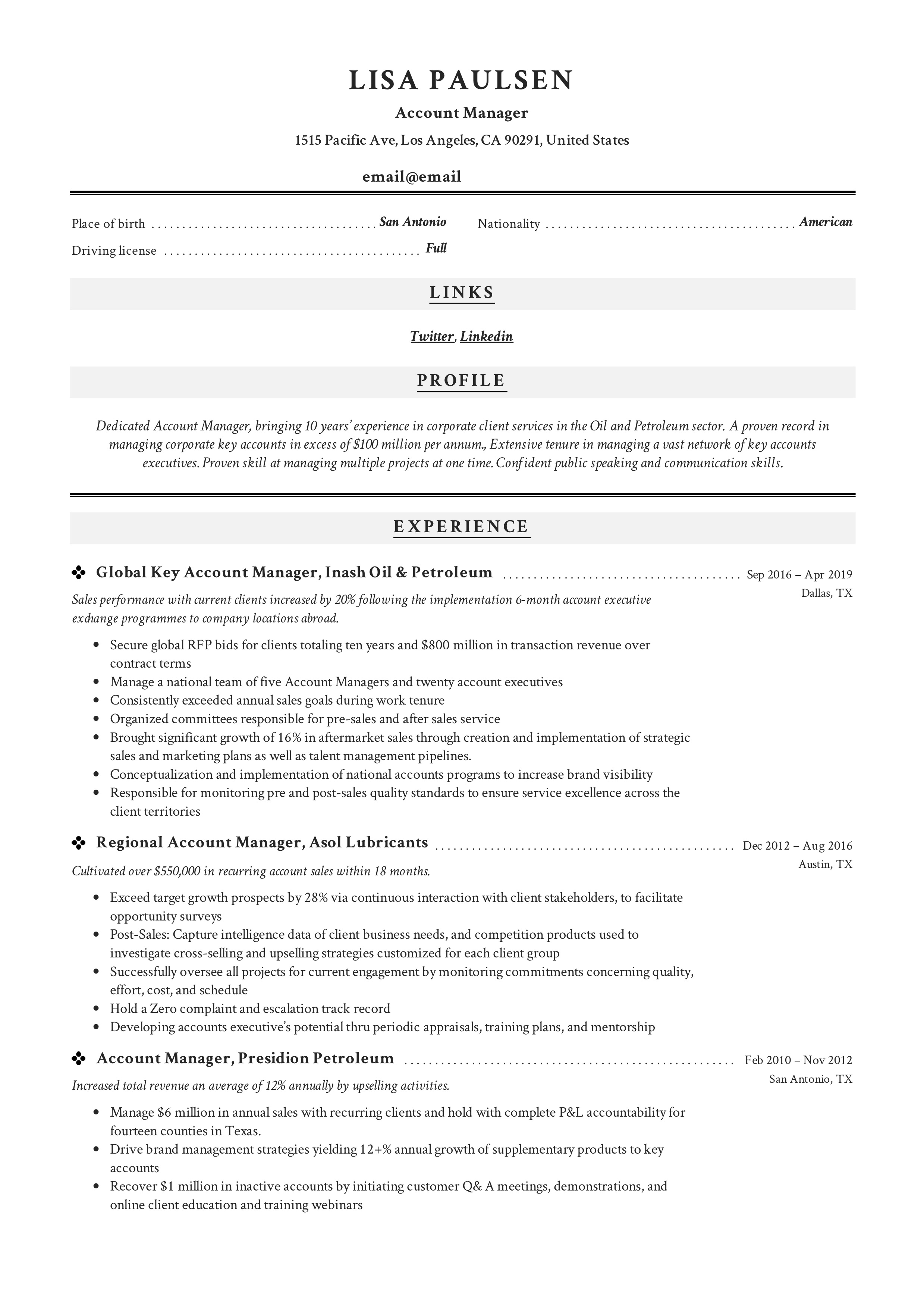 Professional Account manager resume example