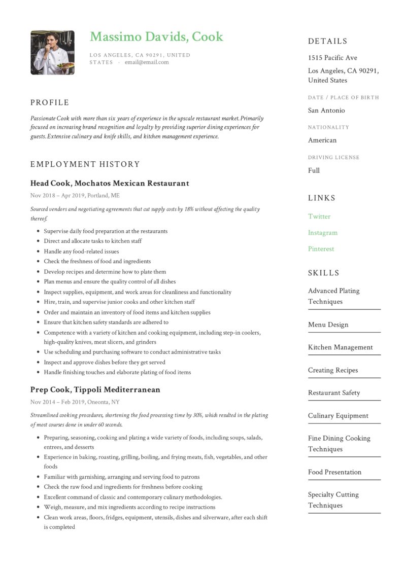 Cook Resume Template