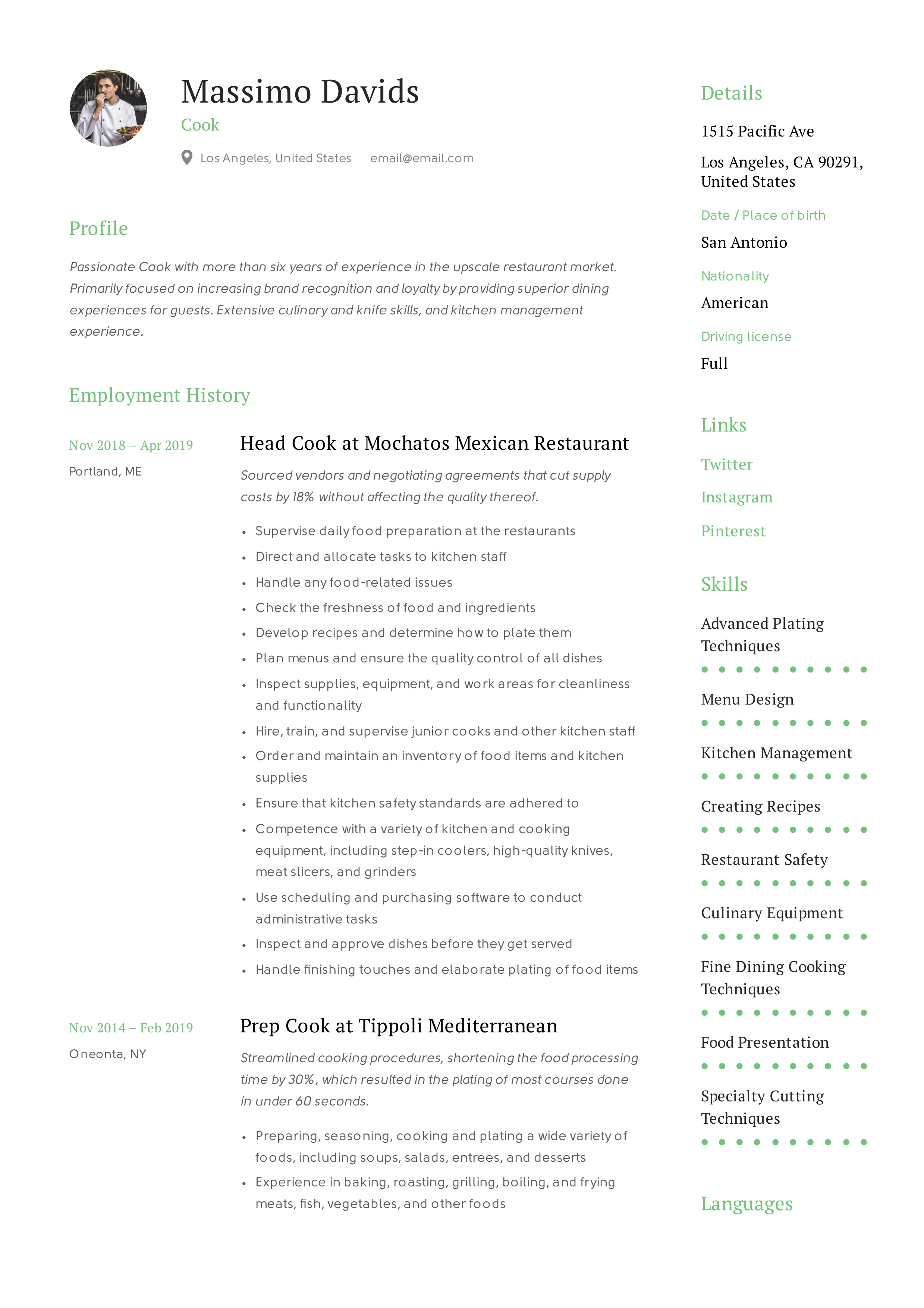 Resume Template Cook