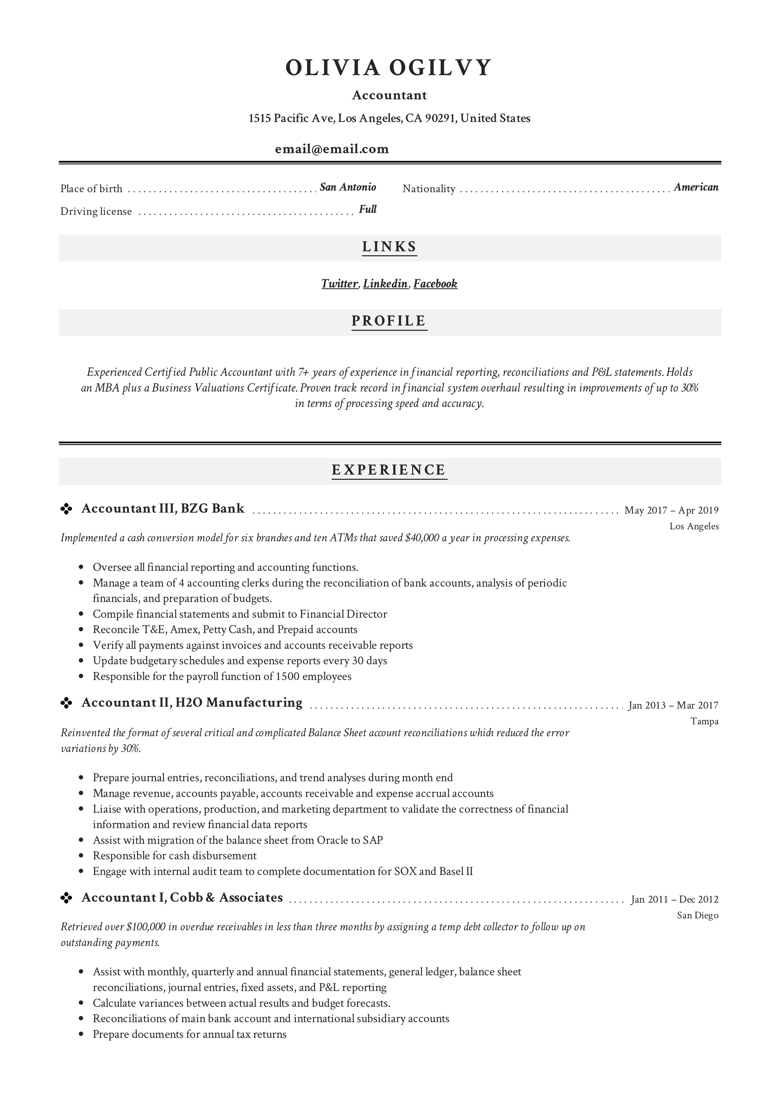 Accountant Sample classic Resume
