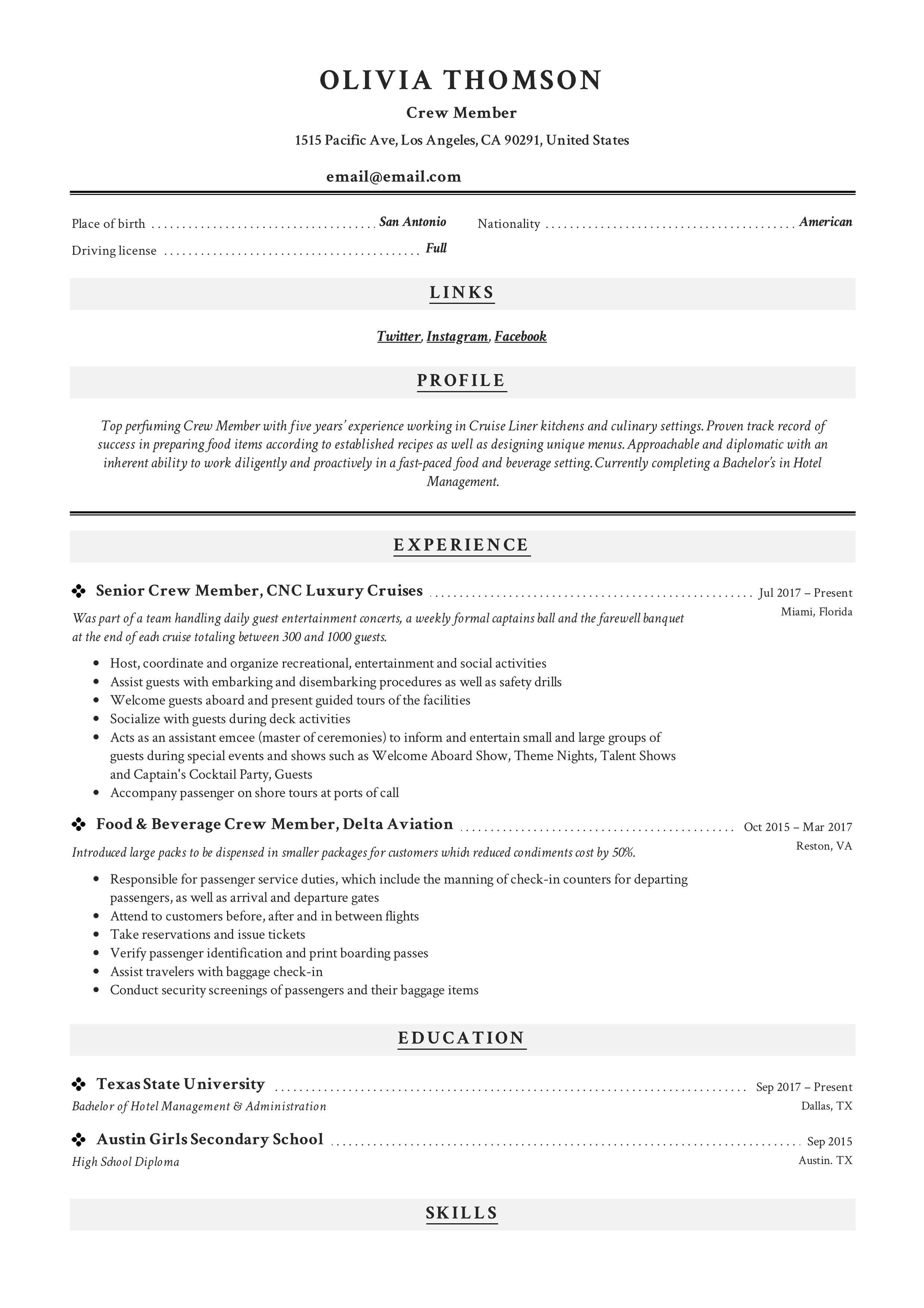Crew member modern resume