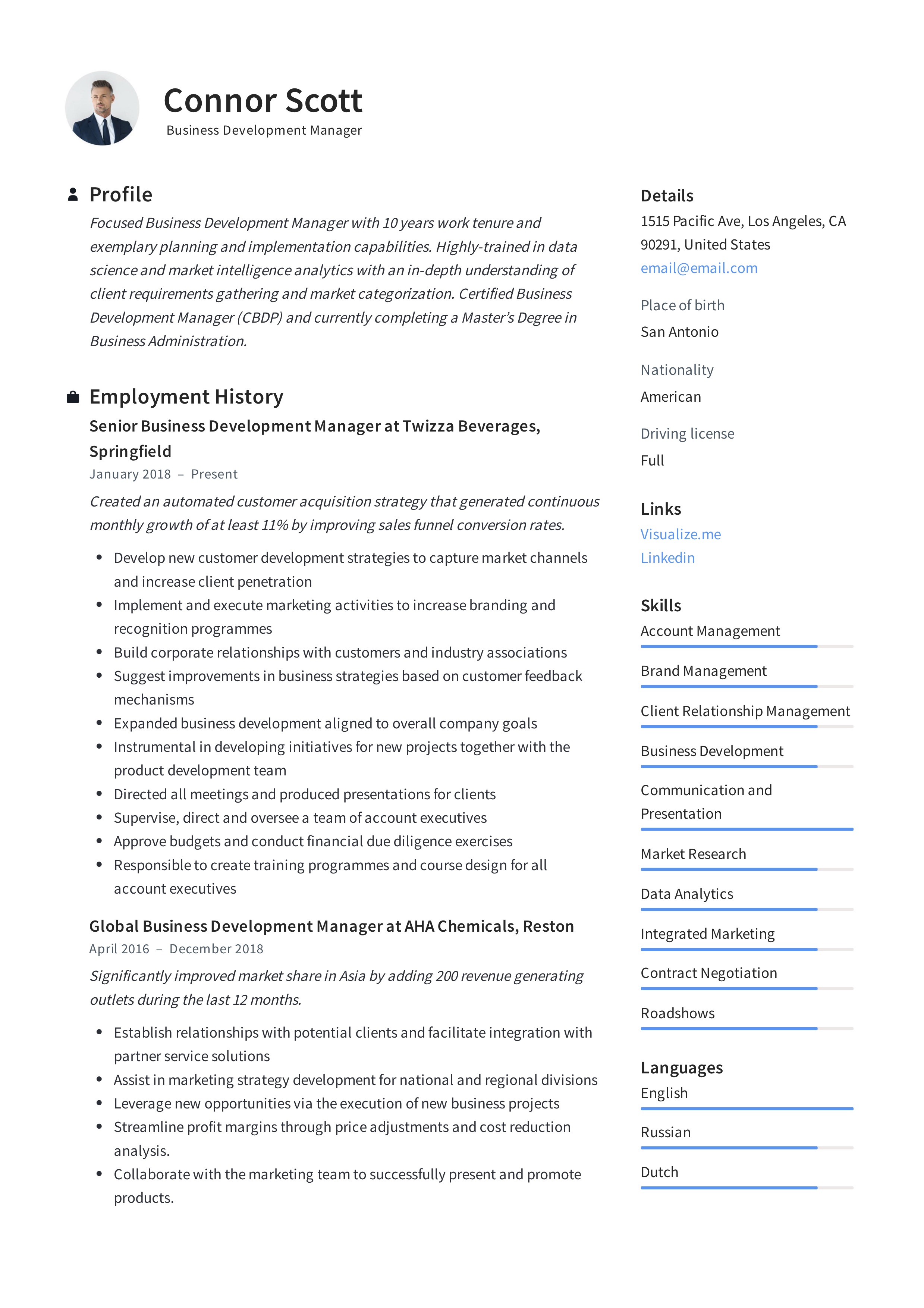 Business Development Manager Example Resume