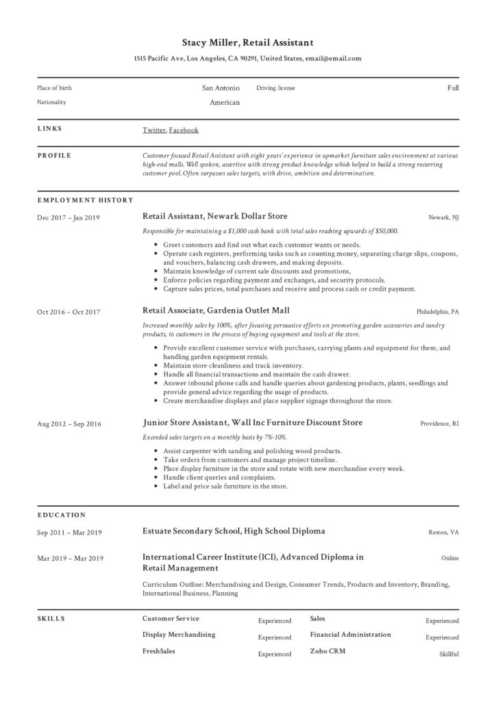 Retail Assistant Resume