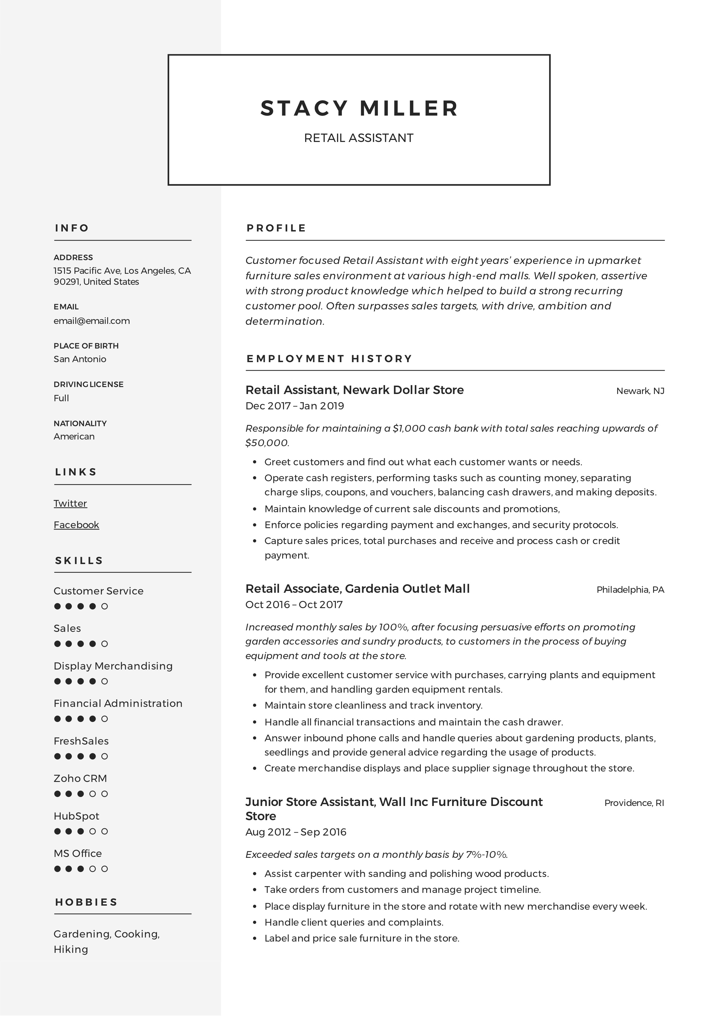 cv personal statement retail assistant