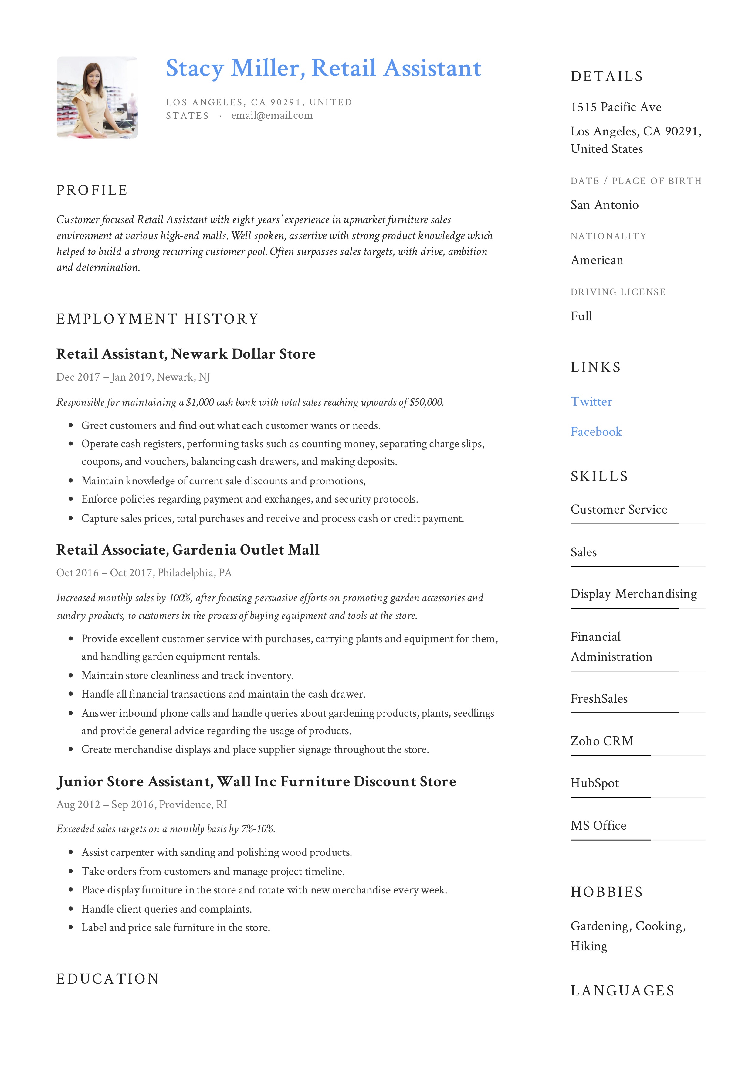 personal profile on cv for retail