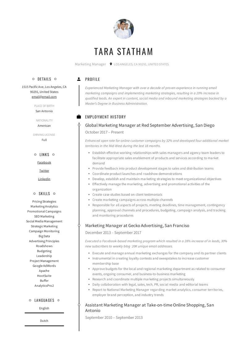 marketing manager creative resume